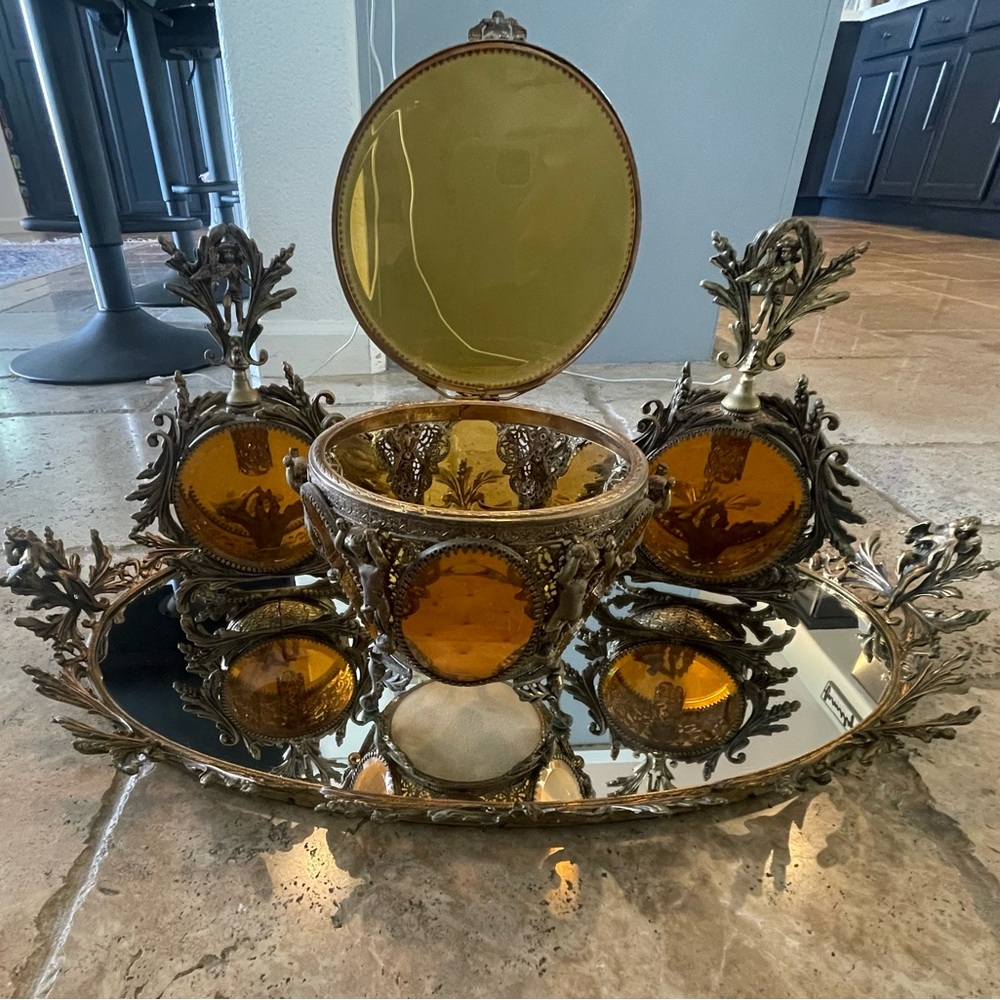 Antique Vanity French Ormolu Hollywood Regency Gold Filigree Beveled Amber Glass - Picture 4 of 7